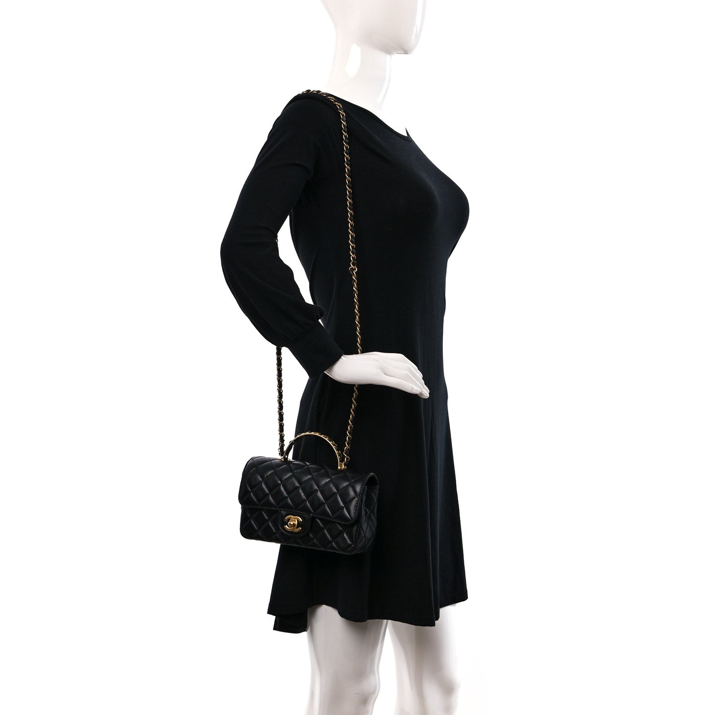 Lambskin Quilted Mini Metal Top Handle Rectangular Flap Black