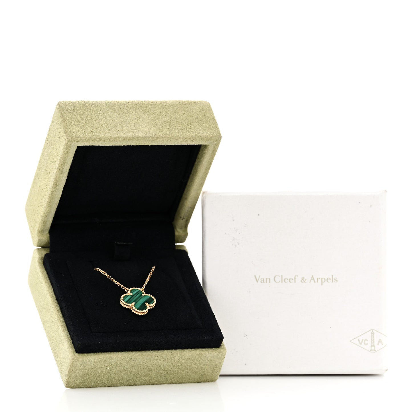 18K Yellow Gold Malachite Vintage Alhambra Pendant Necklace