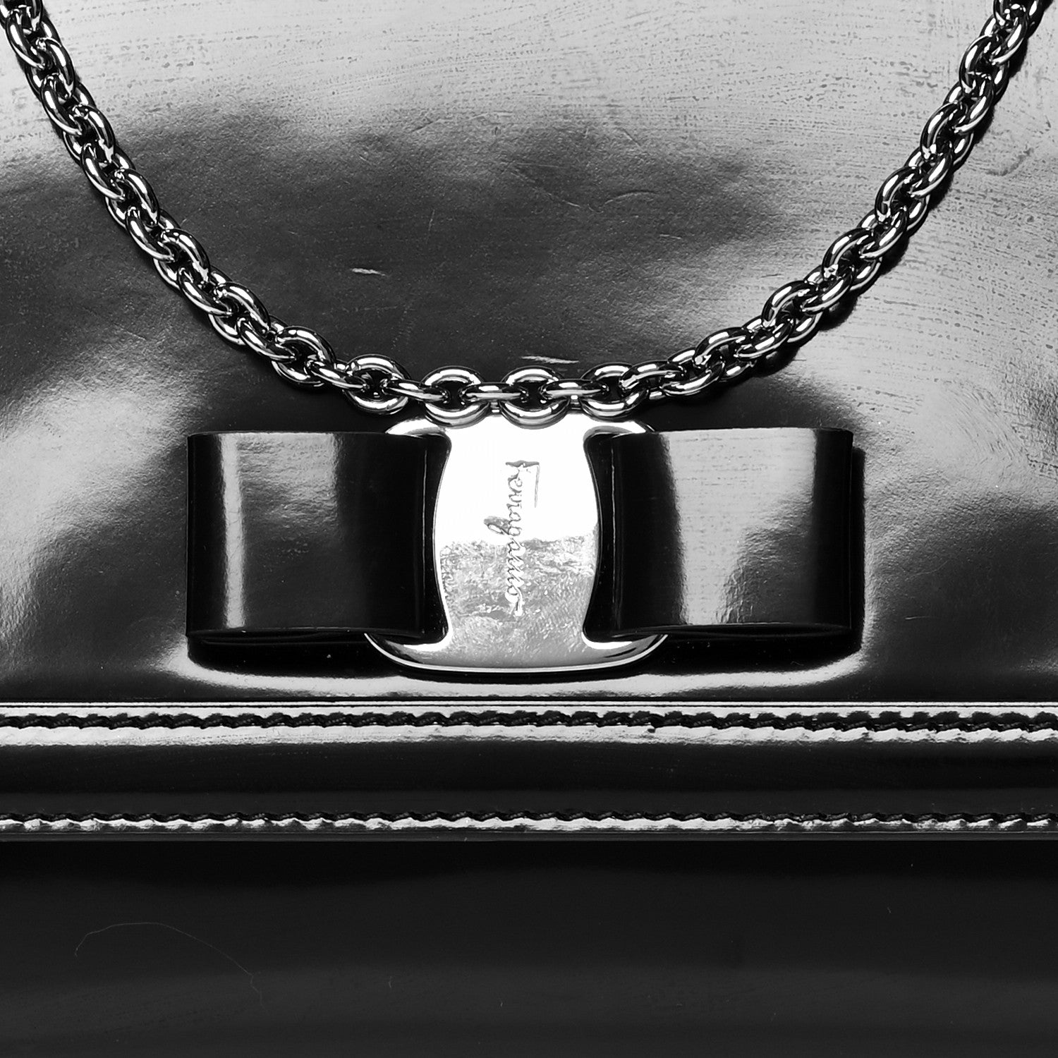 Salvatore Ferragamo Patent Calfskin Vara Bow Chain Flap Crossbody Black 6 of 8
