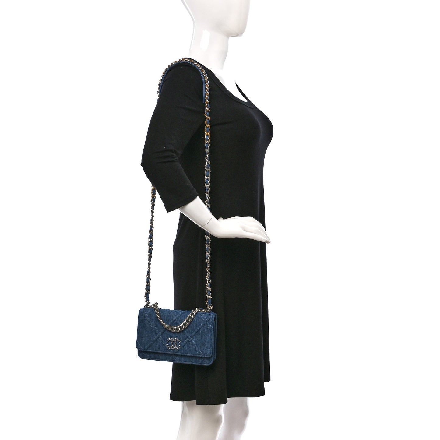 Denim Quilted Chanel 19 Wallet On Chain WOC Blue