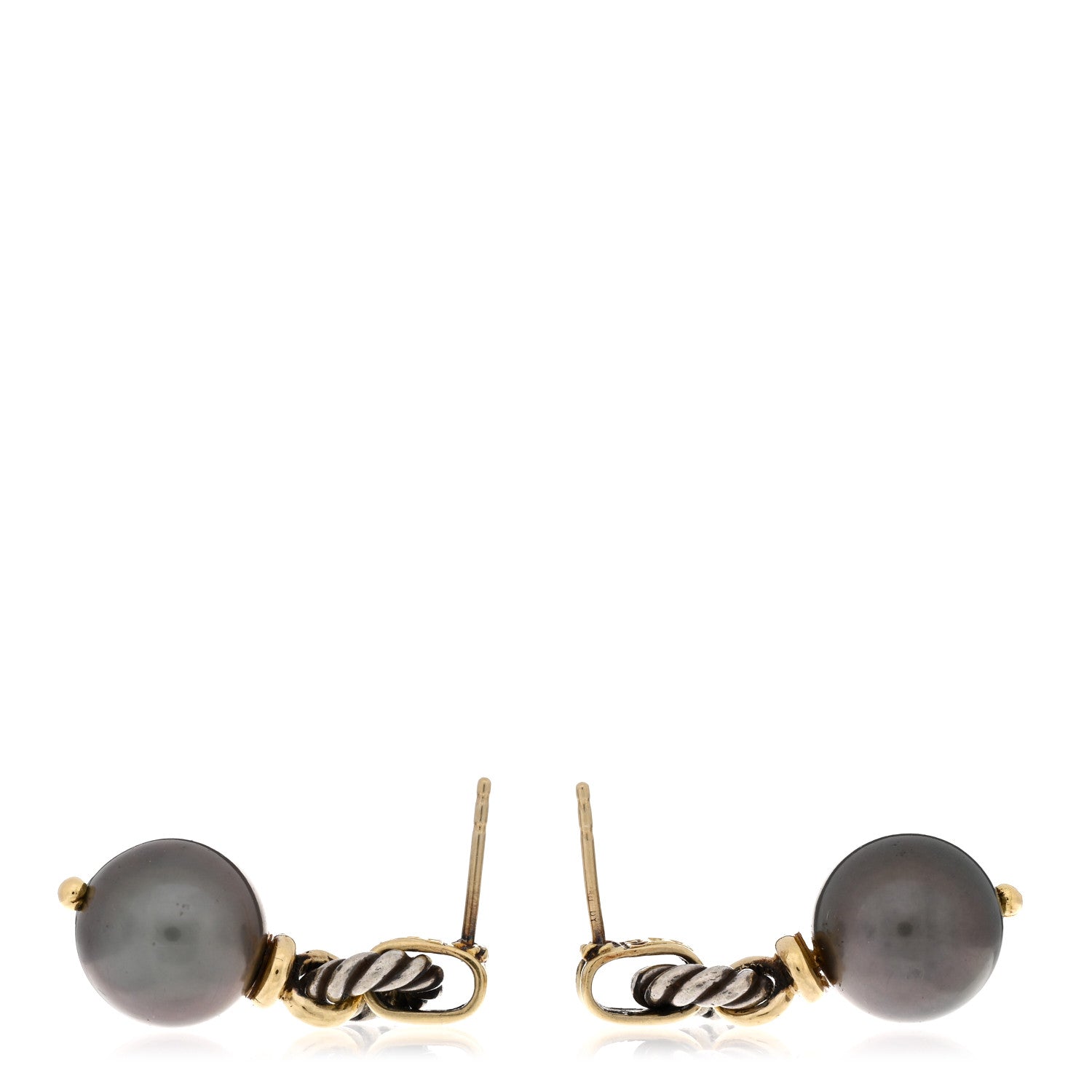 David Yurman Sterling Silver 18K Yellow Gold Gray Pearl Cable Drop Earrings 3 of 4