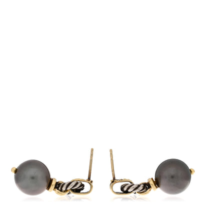 David Yurman Sterling Silver 18K Yellow Gold Gray Pearl Cable Drop Earrings 3 of 4
