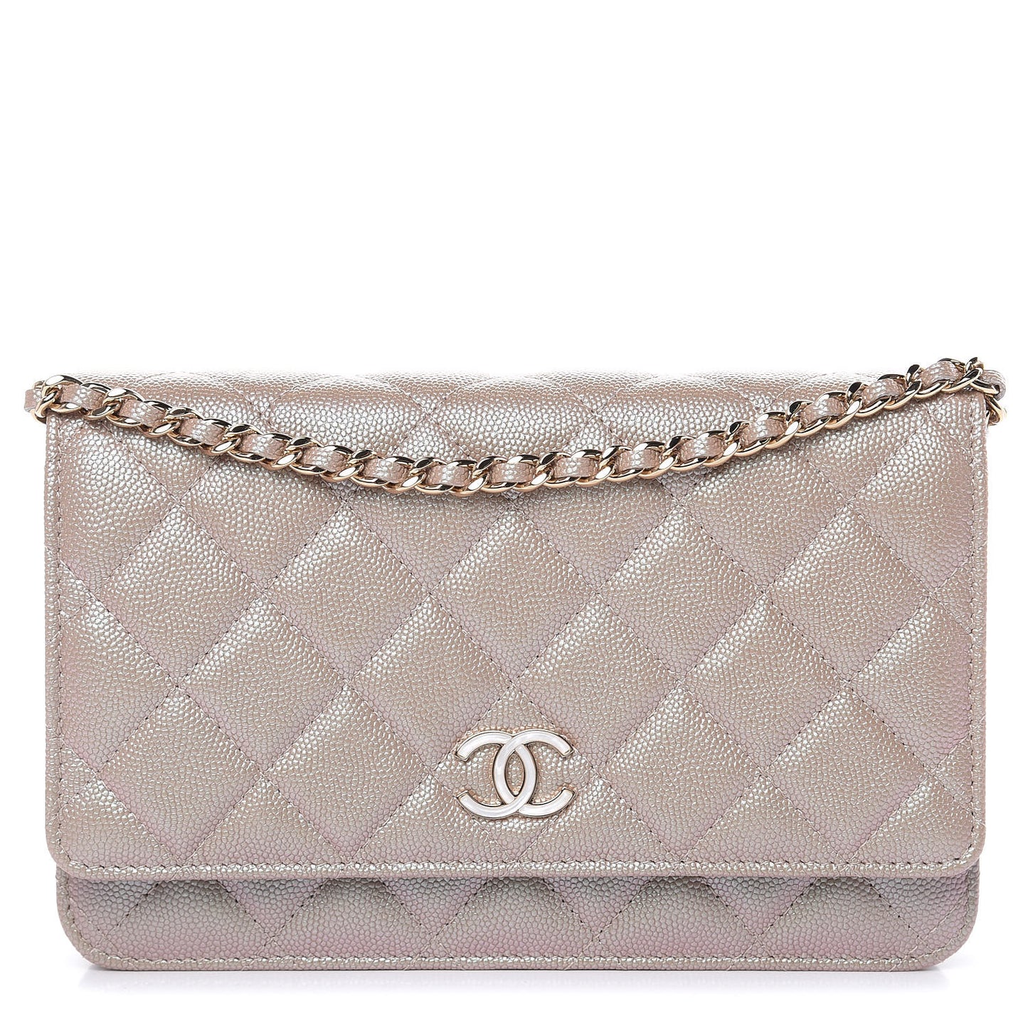 Iridescent Caviar Quilted Wallet On Chain WOC Beige