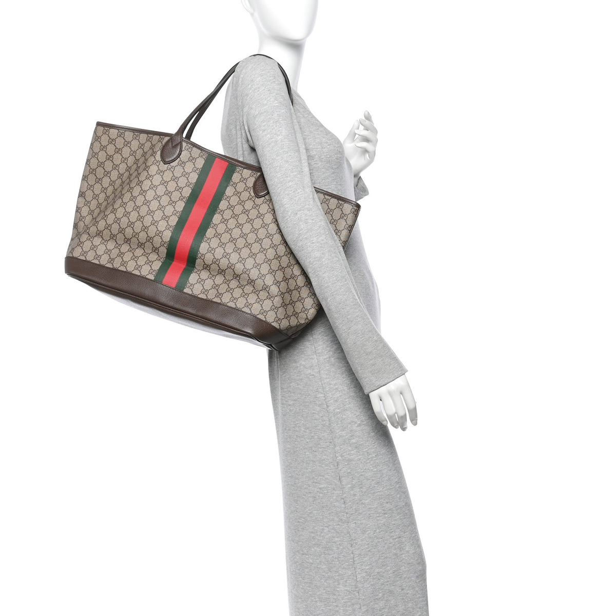 GG Supreme Monogram Textured Dollar Calfskin Web Large Ophidia Tote Beige Ebony New Acero