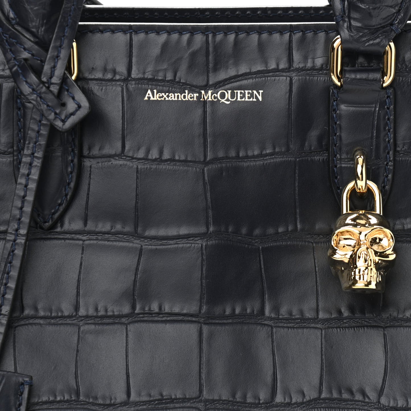 Calfskin Crocodile Embossed Small Skull Padlock Zip Around Tote Navy Blue