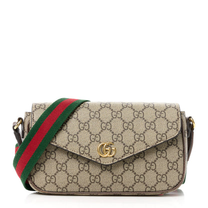 Gucci GG Supreme Monogram Textured Dollar Calfskin Web Mini Ophidia Envelope Shoulder Bag Beige Ebony 1 of 11