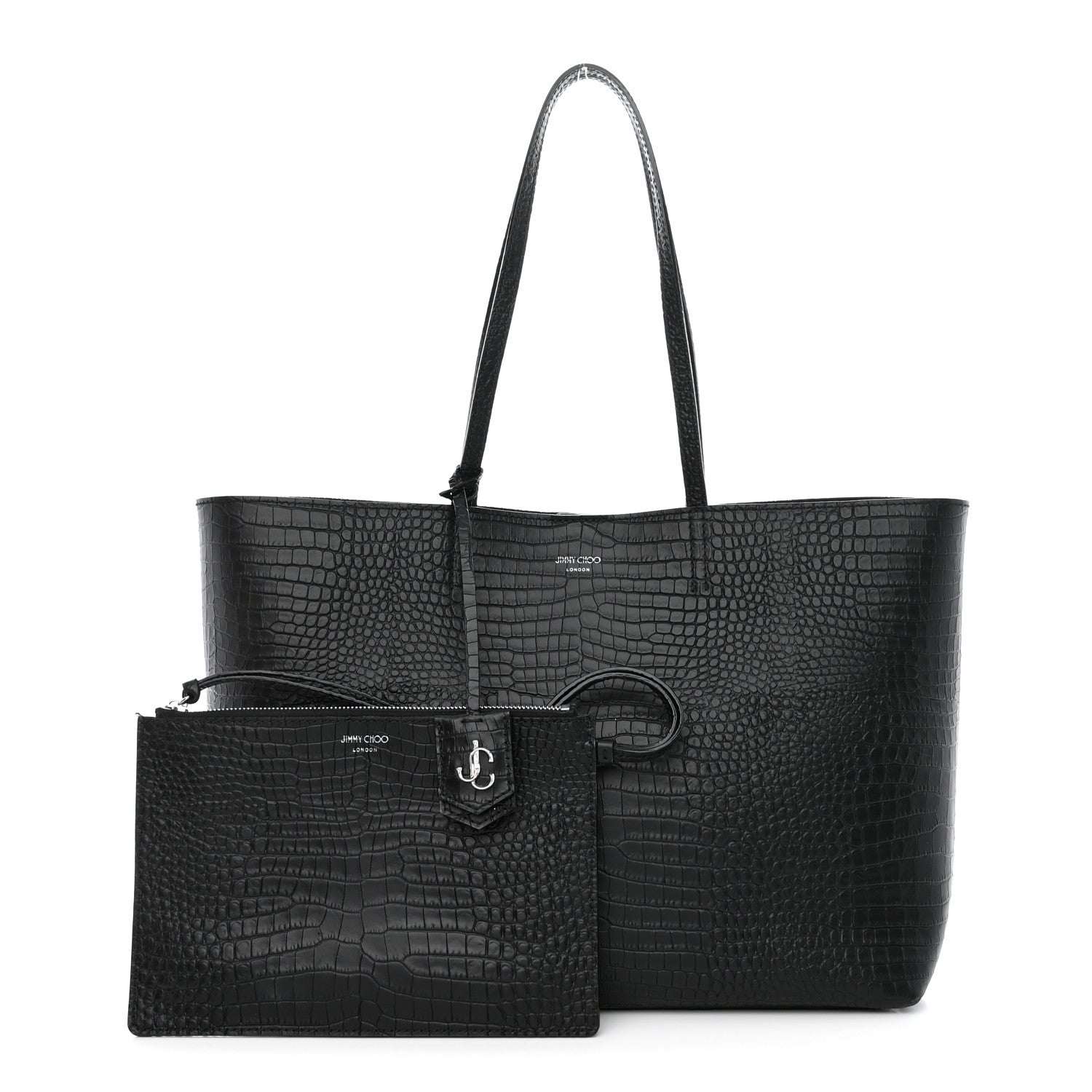Jimmy Choo Calfskin Crocodile Embossed Nine2Five East West Tote Black 1 of 15