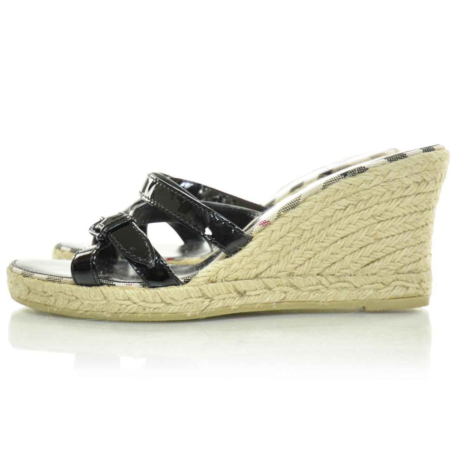 Burberry Patent Nova Check Trim Espadrille Wedges 40 Black 2 of 8