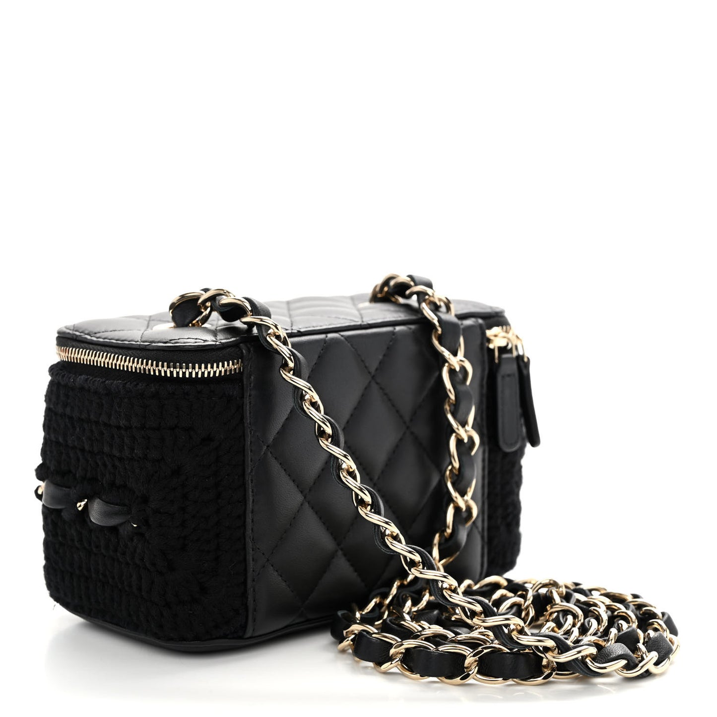 Lambskin Crochet Quilted Small Vanity Case With Chain Black