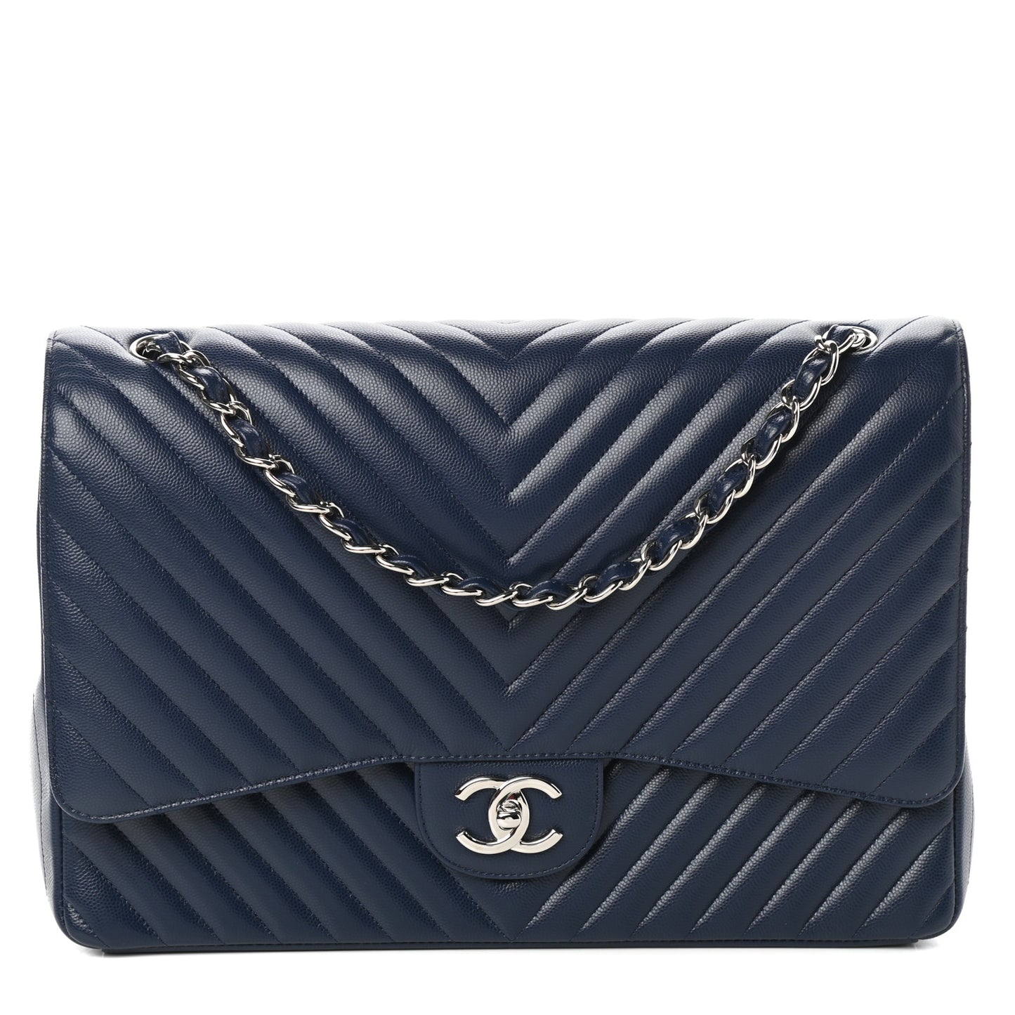 Caviar Chevron Quilted Maxi Double Flap Navy