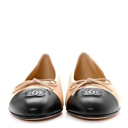 Chanel Lambskin Cap Toe Ballerina Flats 38.5 Beige Black 2 of 8