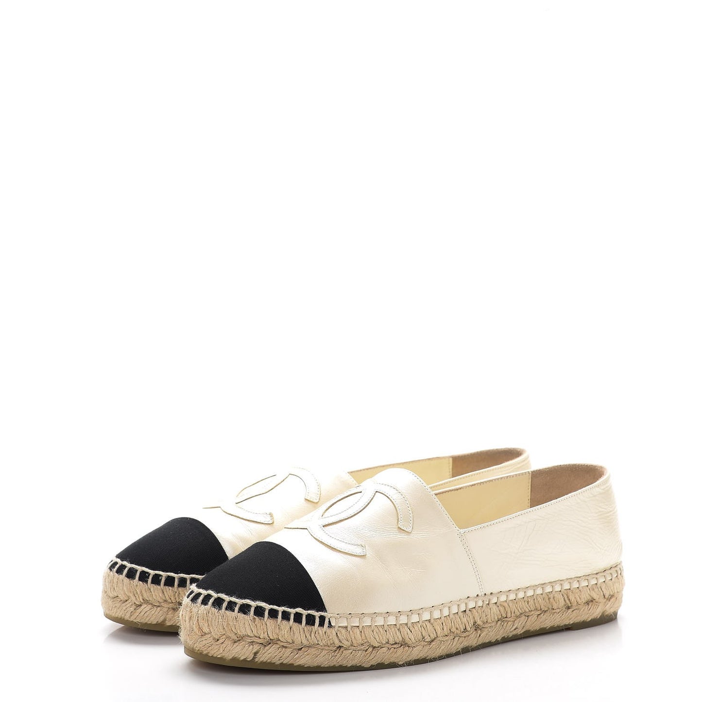Metallic Calfskin Grosgrain CC Espadrilles 38 Ivory Black