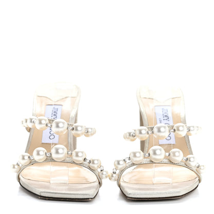 Jimmy Choo Shimmer Suede Pearl Embellished Amara 85 Mule Sandals 37 Champagne White 3 of 9