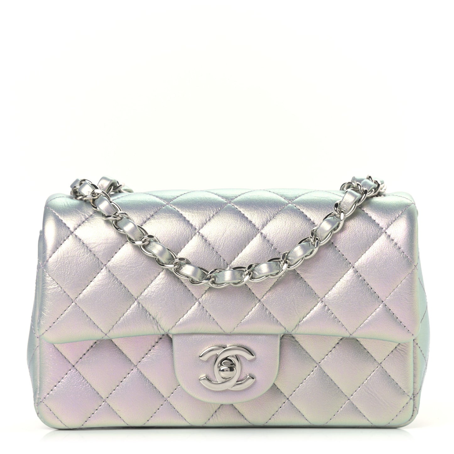 Iridescent Calfskin Quilted Mini Rectangular Flap Light Blue
