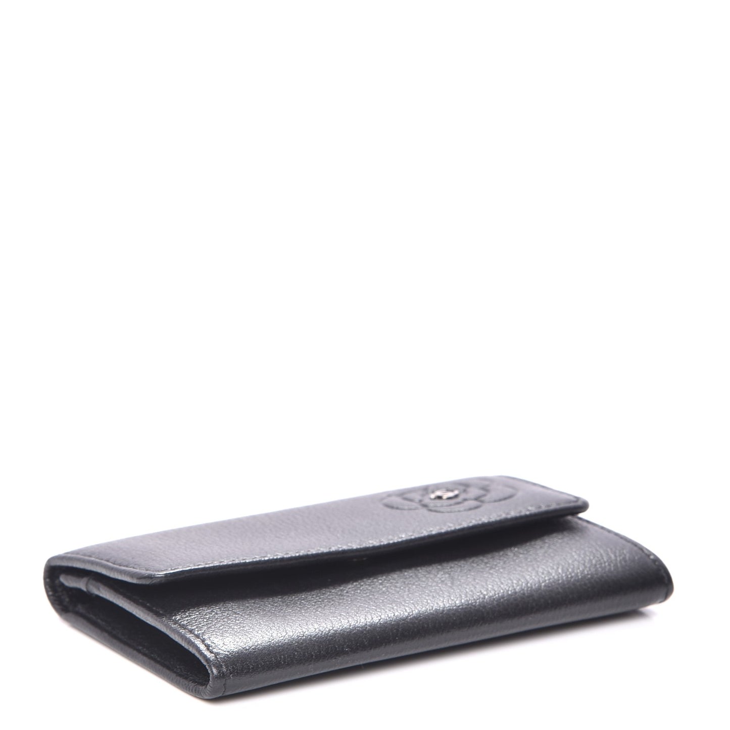 Goatskin Embossed Camellia Flap Card Holder Black
