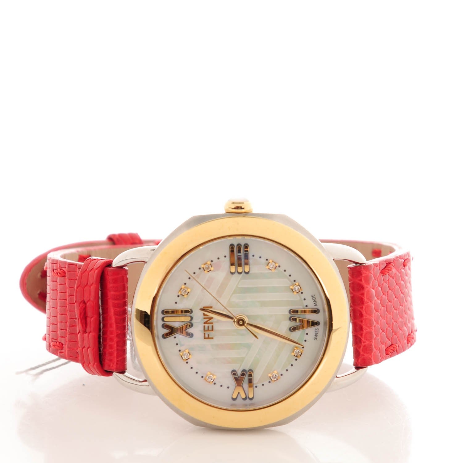 Fendi Stainless Steel Calfskin Diamond Mother of Pearl 36mm Selleria Quartz Watch Red 3 of 7
