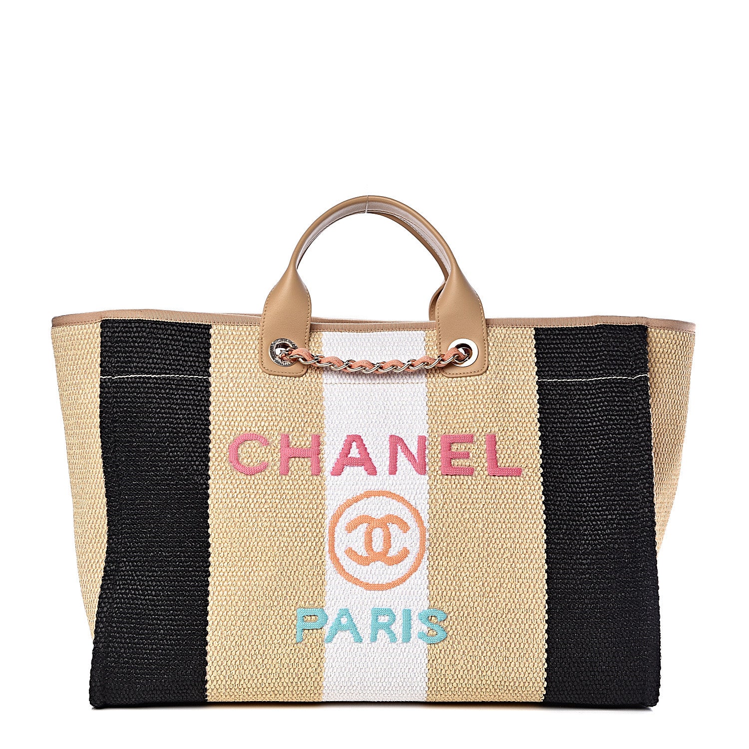 Chanel Straw Raffia Calfskin Striped Large Deauville Tote Black Beige Ivory 2 of 11