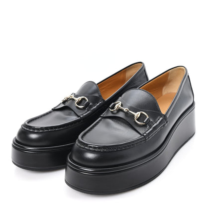 Gucci Kama Calfskin Horsebit Womens Wedge Platform Loafers 38 Black 4 of 10