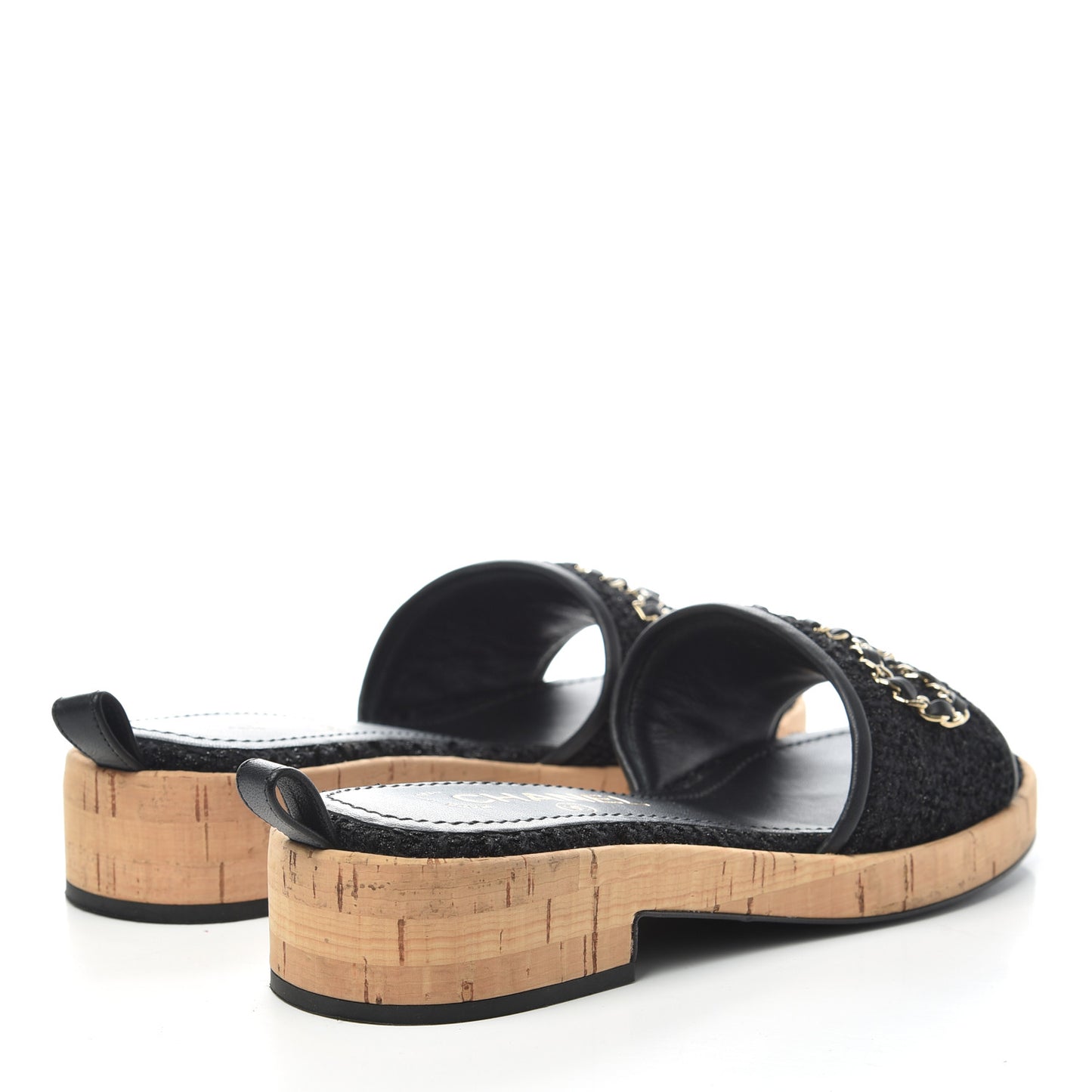 Tweed Lambskin Cork Logo Mules 38 Black
