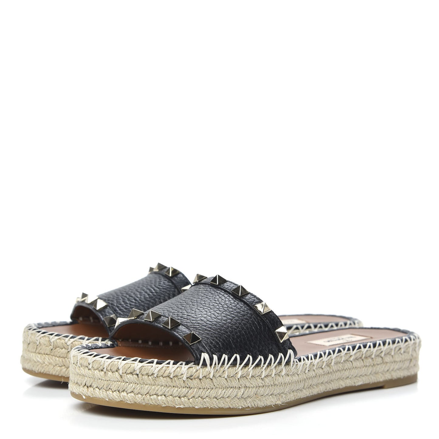 Grained Calfskin Rockstud Espadrille Flat Slide Sandals 37 Black