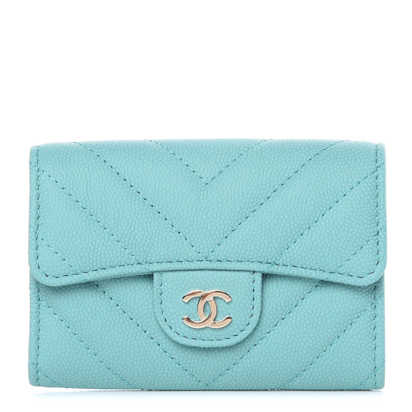 Caviar Chevron Quilted Card Holder Wallet Green