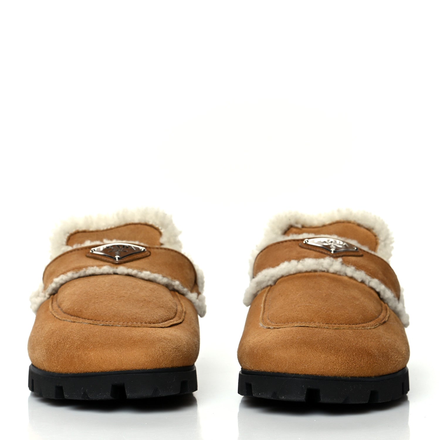 Prada Shearling Metal Triangle Logo 20mm Slippers 39.5 Cognac 2 of 7