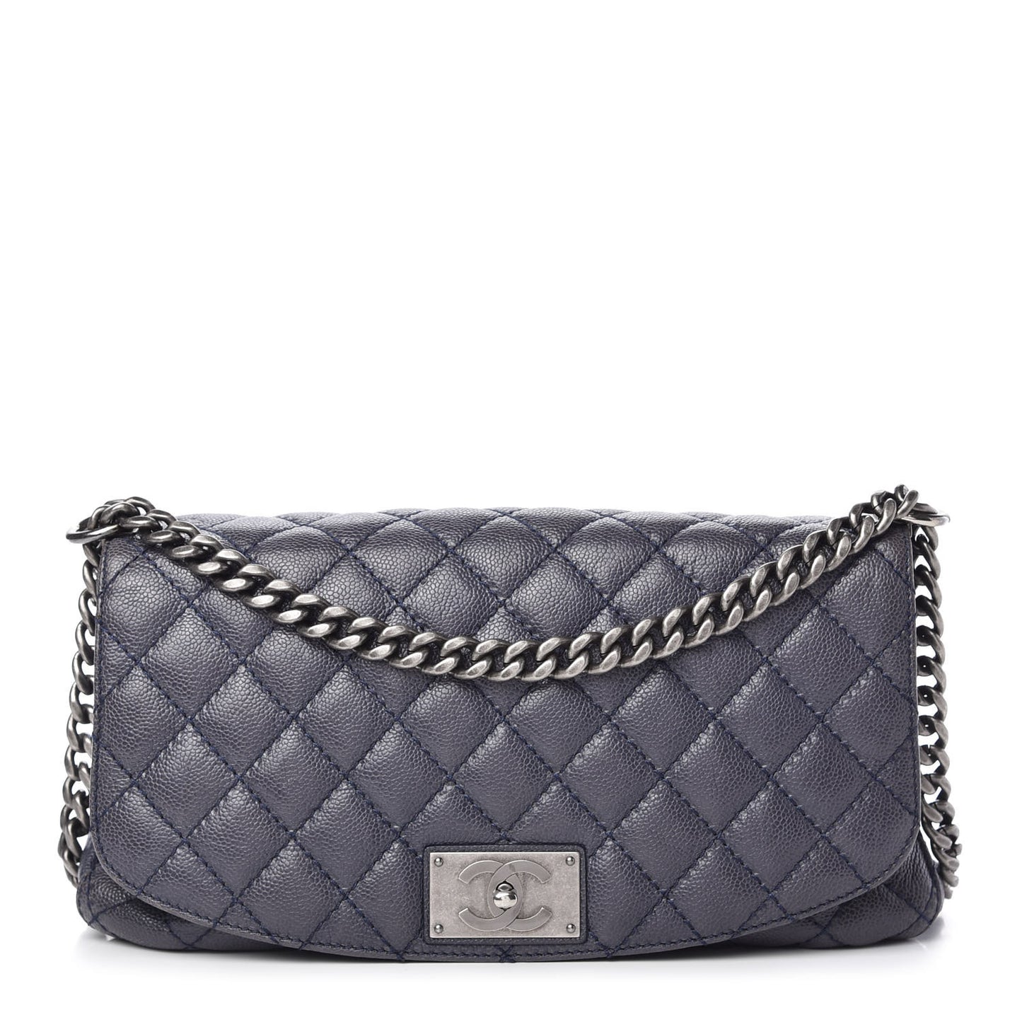 Metallic Caviar Quilted Flap Navy Blue