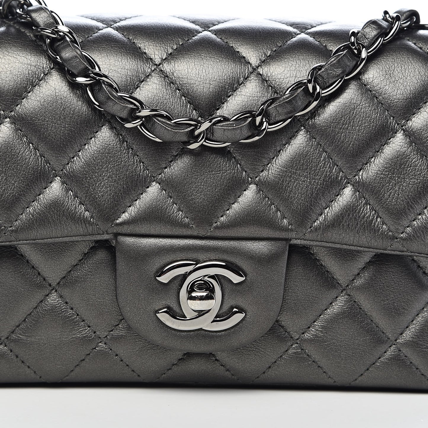 Metallic Calfskin Quilted Mini Rectangular Flap Charcoal Grey