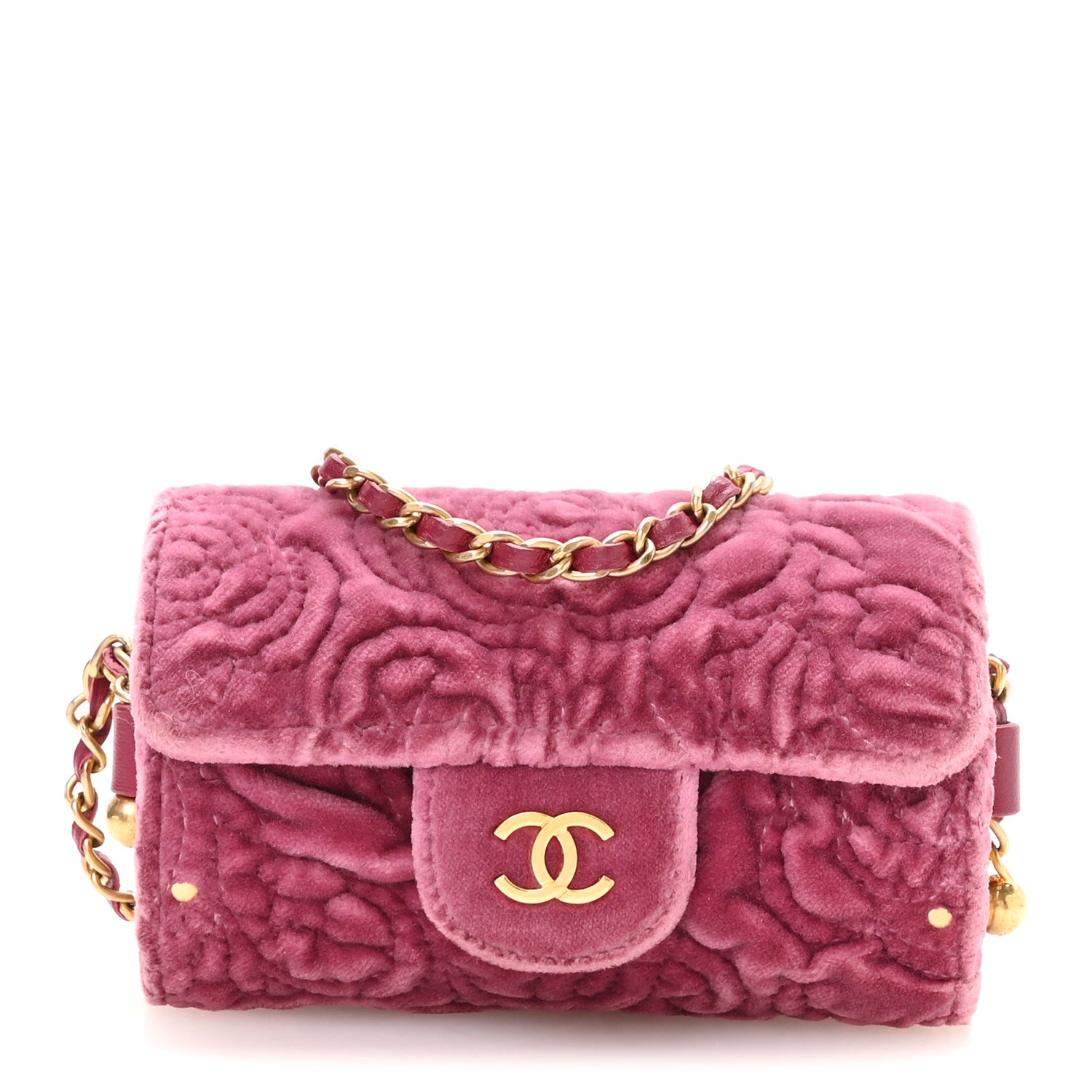 Chanel Velvet Camellia Embossed Jewel Belt Card Holder With Chain Pink 1 of 9
