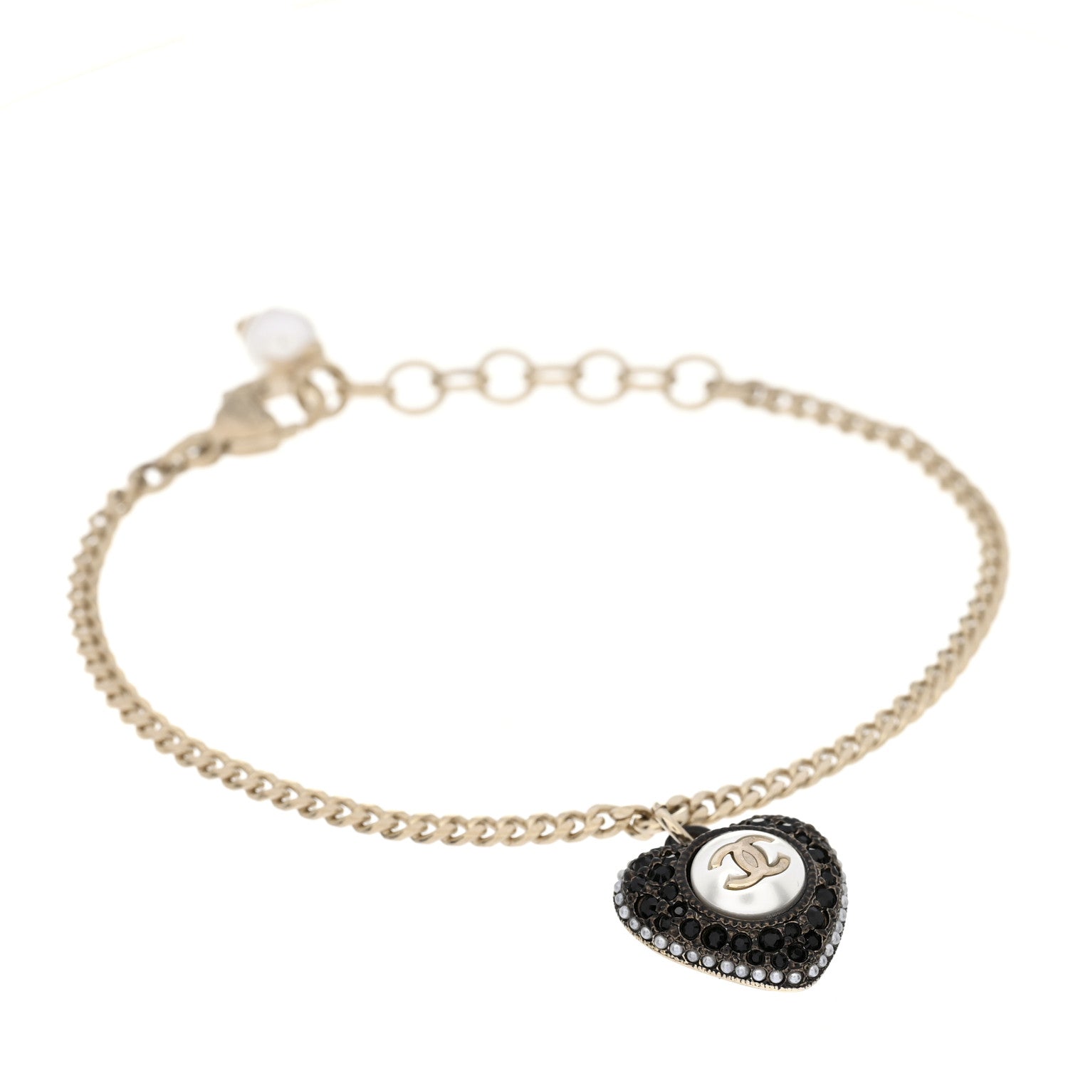 Chanel Crystal Pearl Chain Heart Bracelet Gold 1 of 3