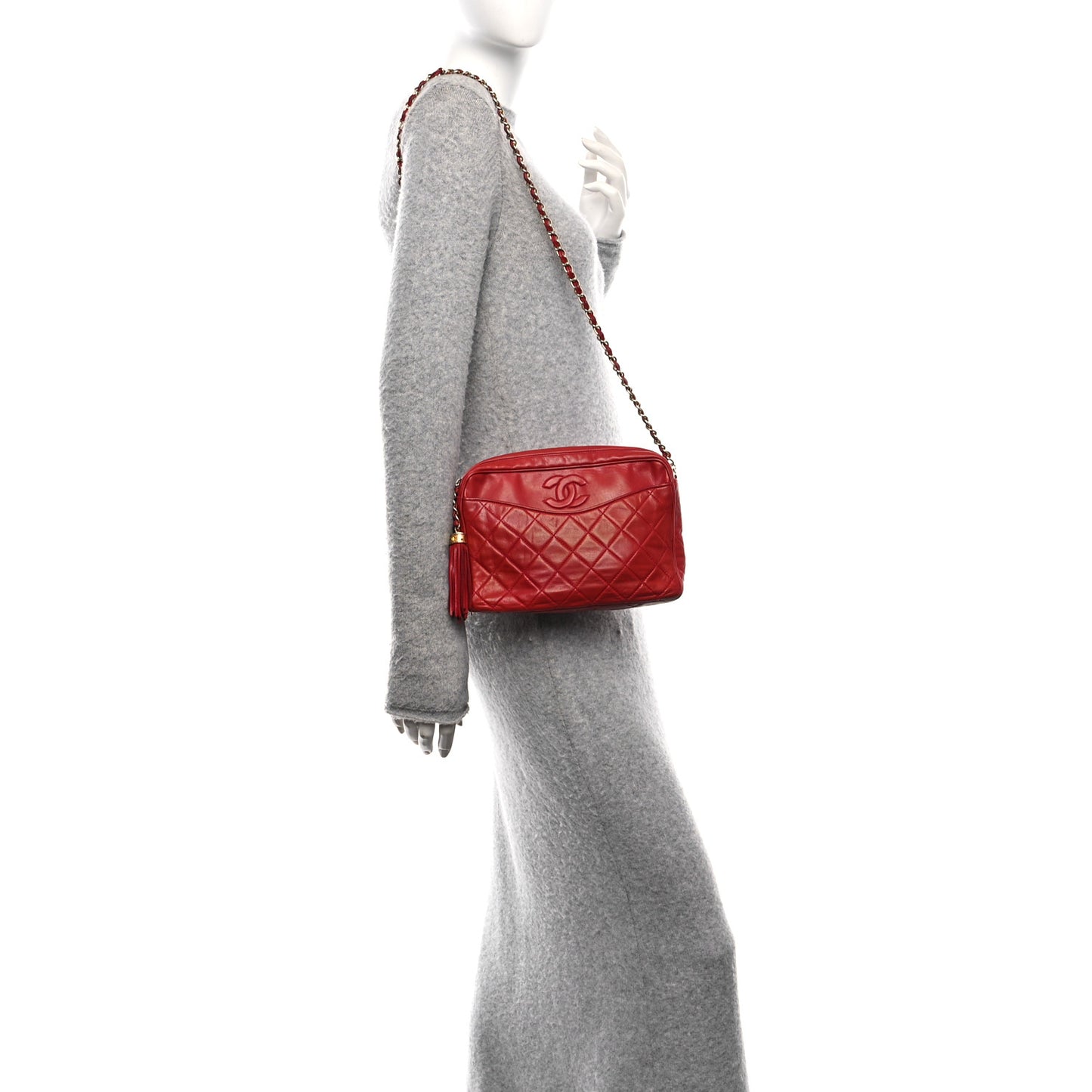 Lambskin Quilted Tassel Camera Case Red