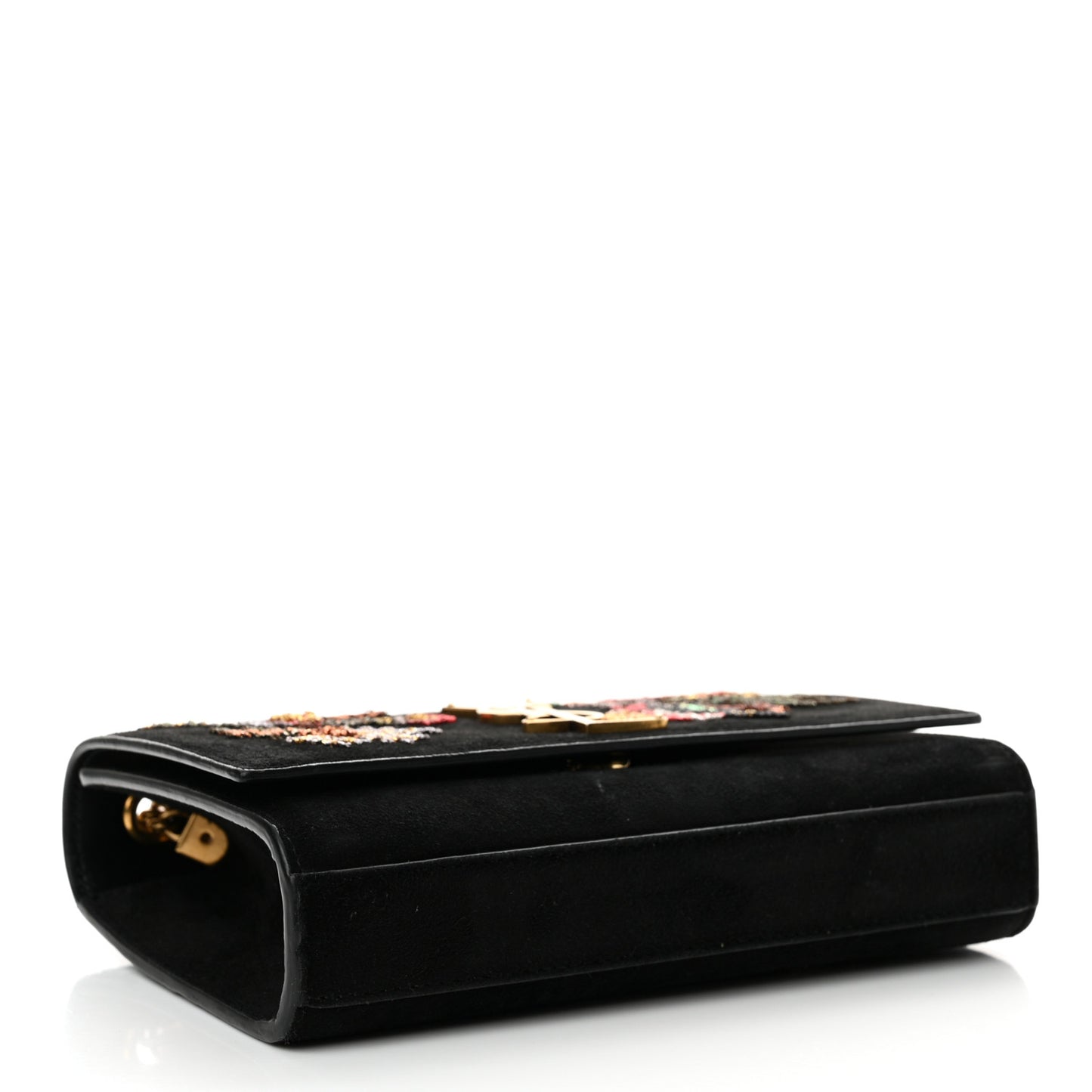 Suede Embroidered Birds Monogram Chain Wallet Black