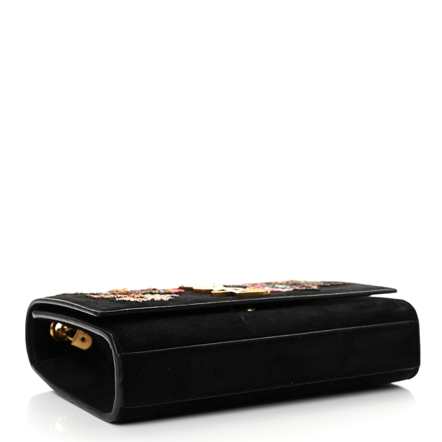 Saint Laurent Suede Embroidered Birds Monogram Chain Wallet Black 4 of 17