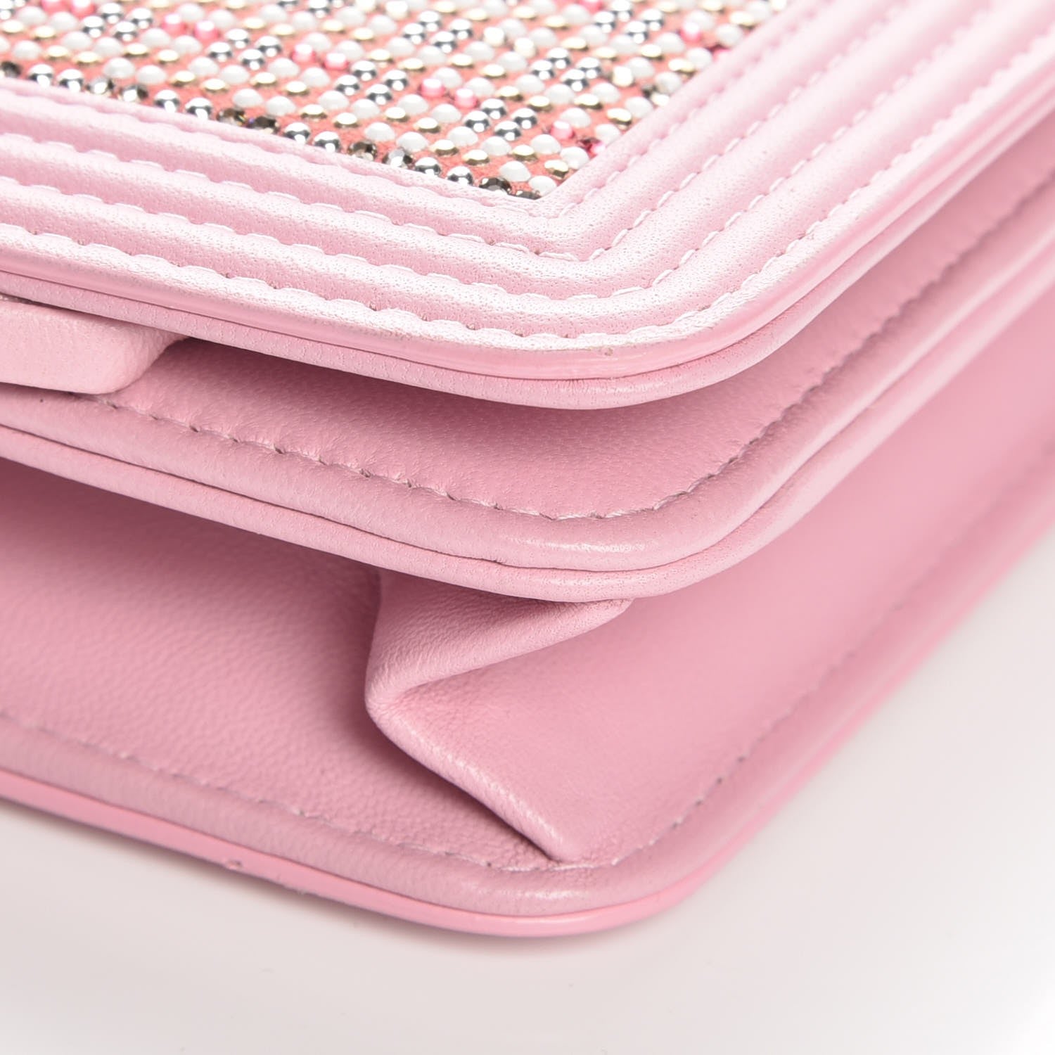 Chanel Calfskin Crystal Studded Boy Wallet On Chain WOC Pink 10 of 13