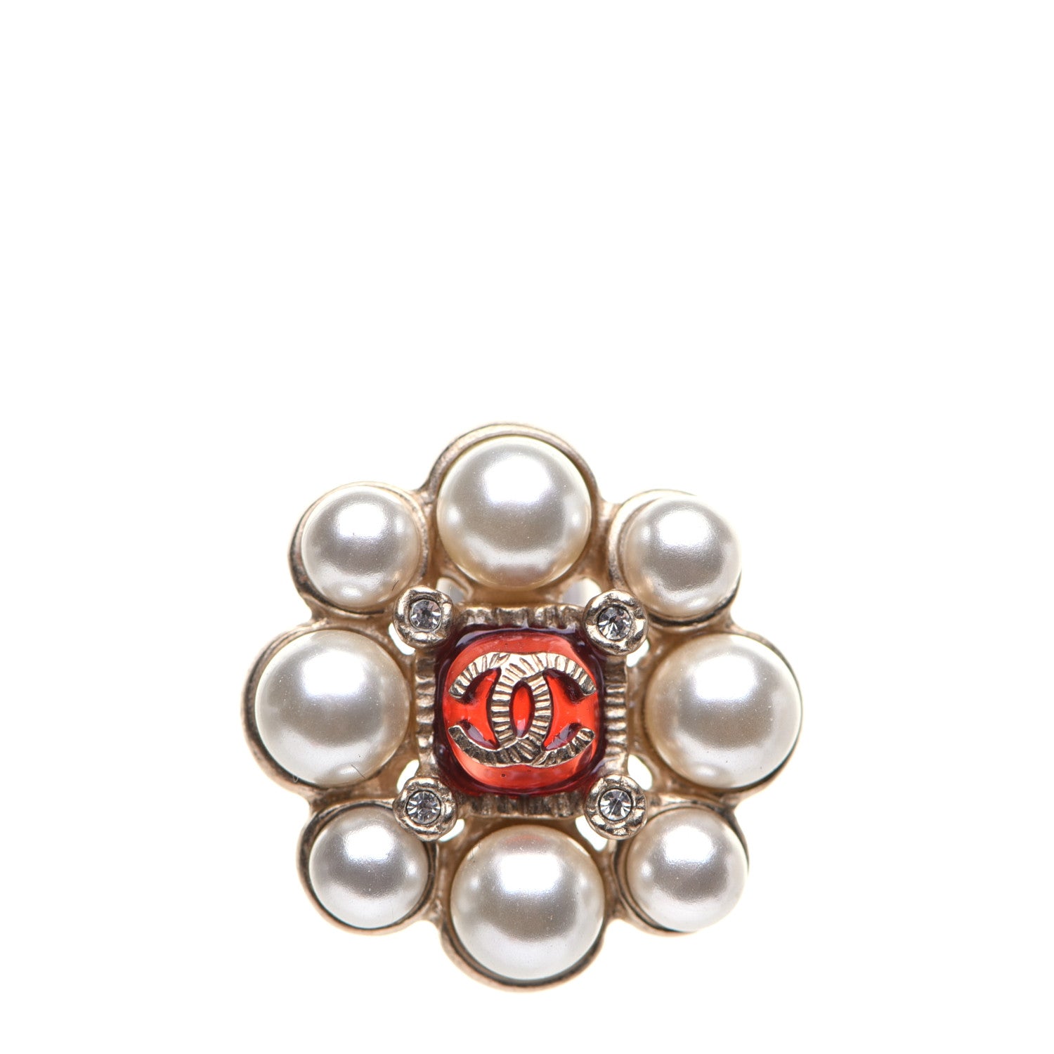 Chanel Gripoix Poured Glass Pearl Crystal CC Earrings Red Gold 6 of 6