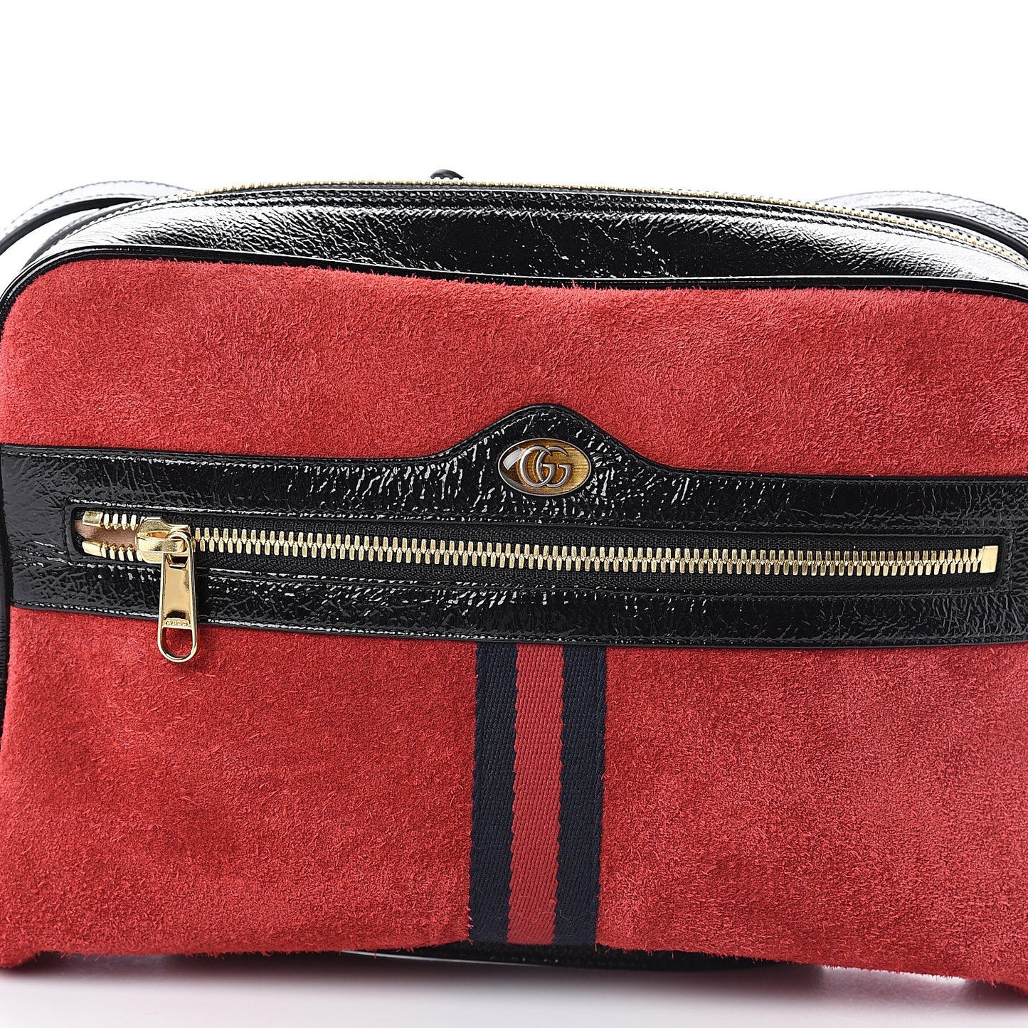 Suede Patent Web Small Ophidia Shoulder Bag Hibiscus Red Black
