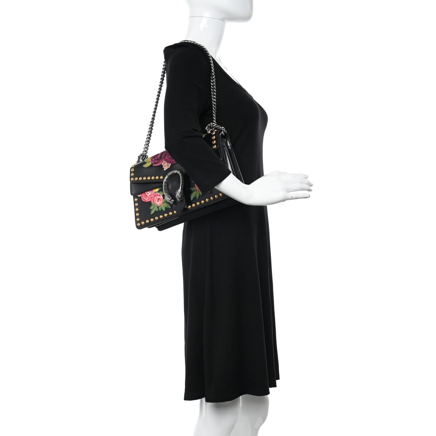 Gucci Calfskin Floral Embroidered Studded Small Dionysus Shoulder Bag Black 2 of 12