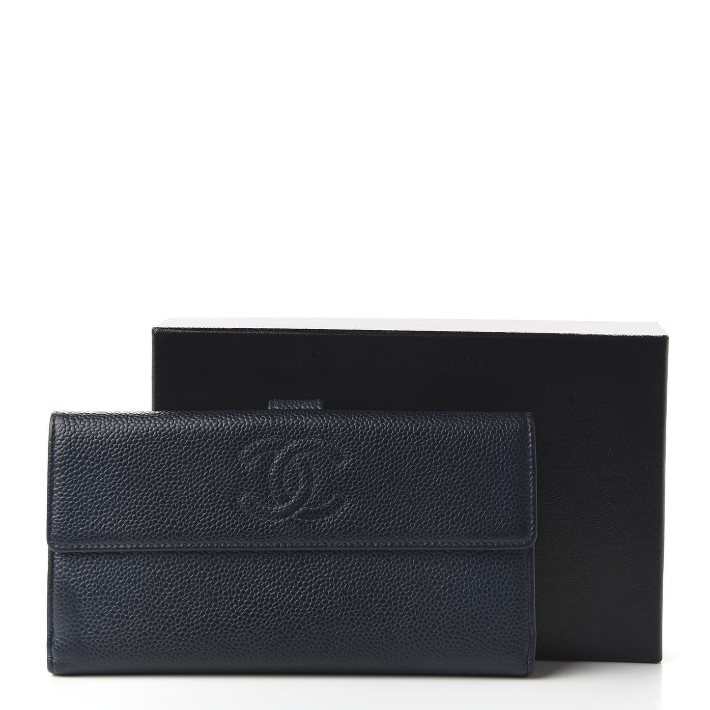 Caviar CC Long Flap French Wallet Navy Blue