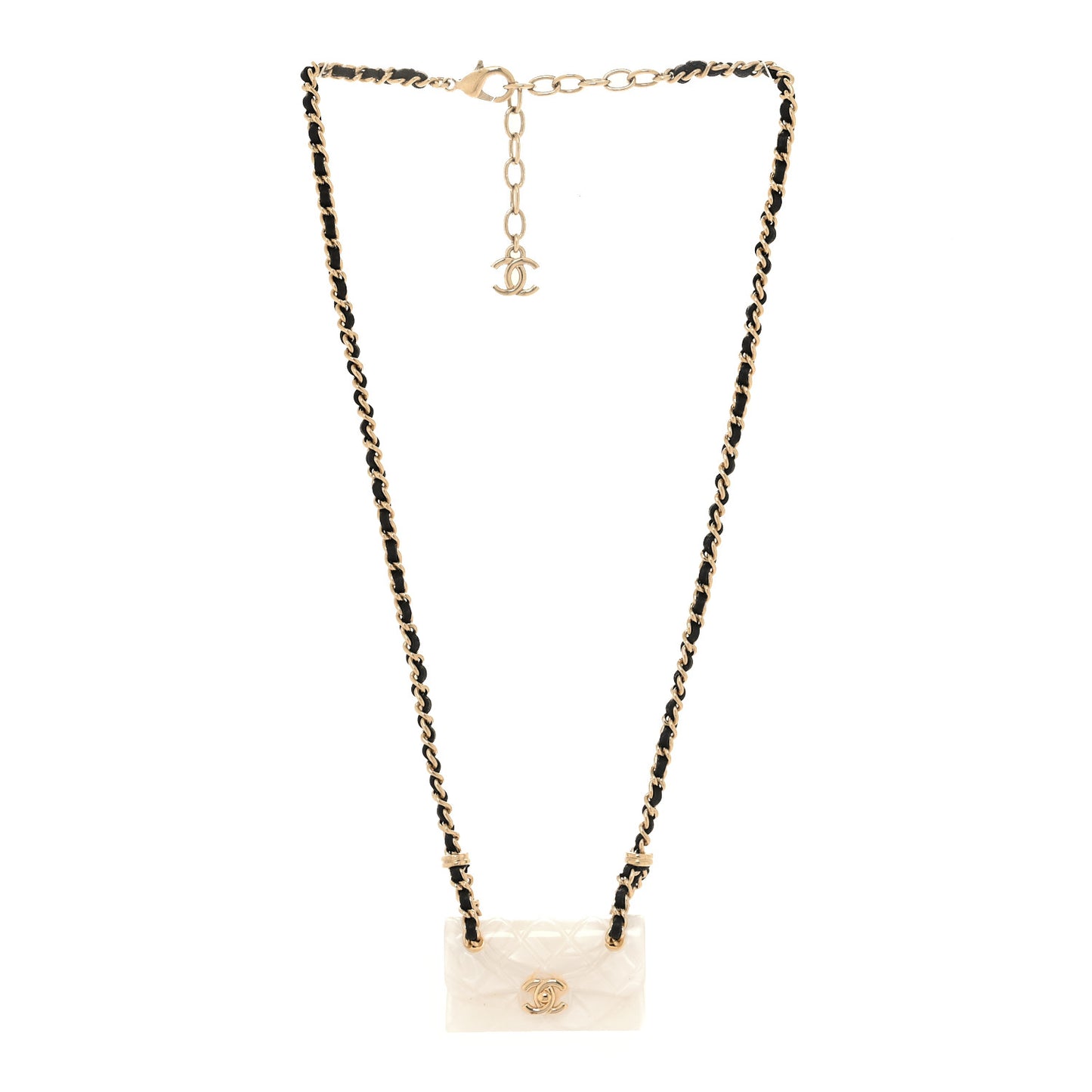 Lambskin Metal Resin Quilted Flap Bag Necklace Gold Black Pearly White