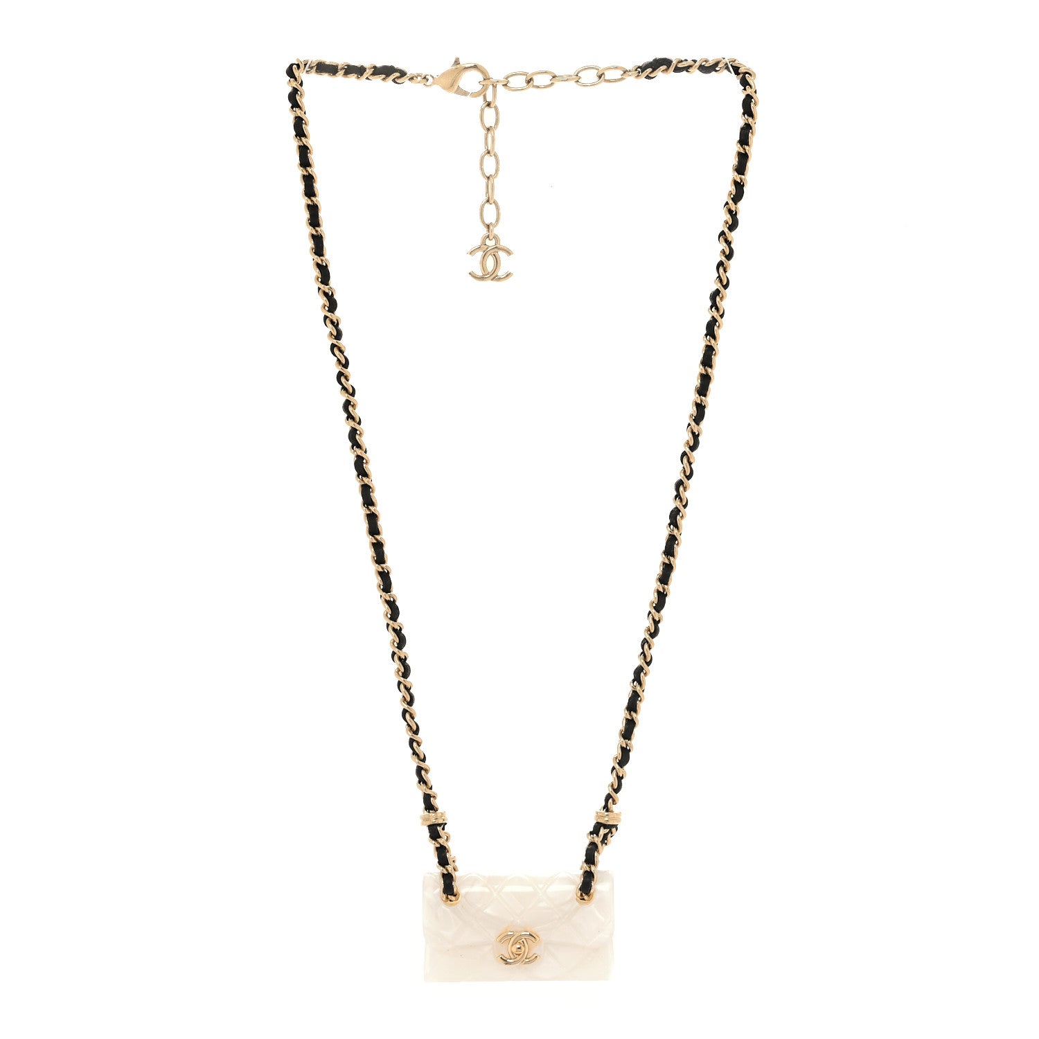 Chanel Lambskin Metal Resin Quilted Flap Bag Necklace Gold Black Pearly White 3 of 4