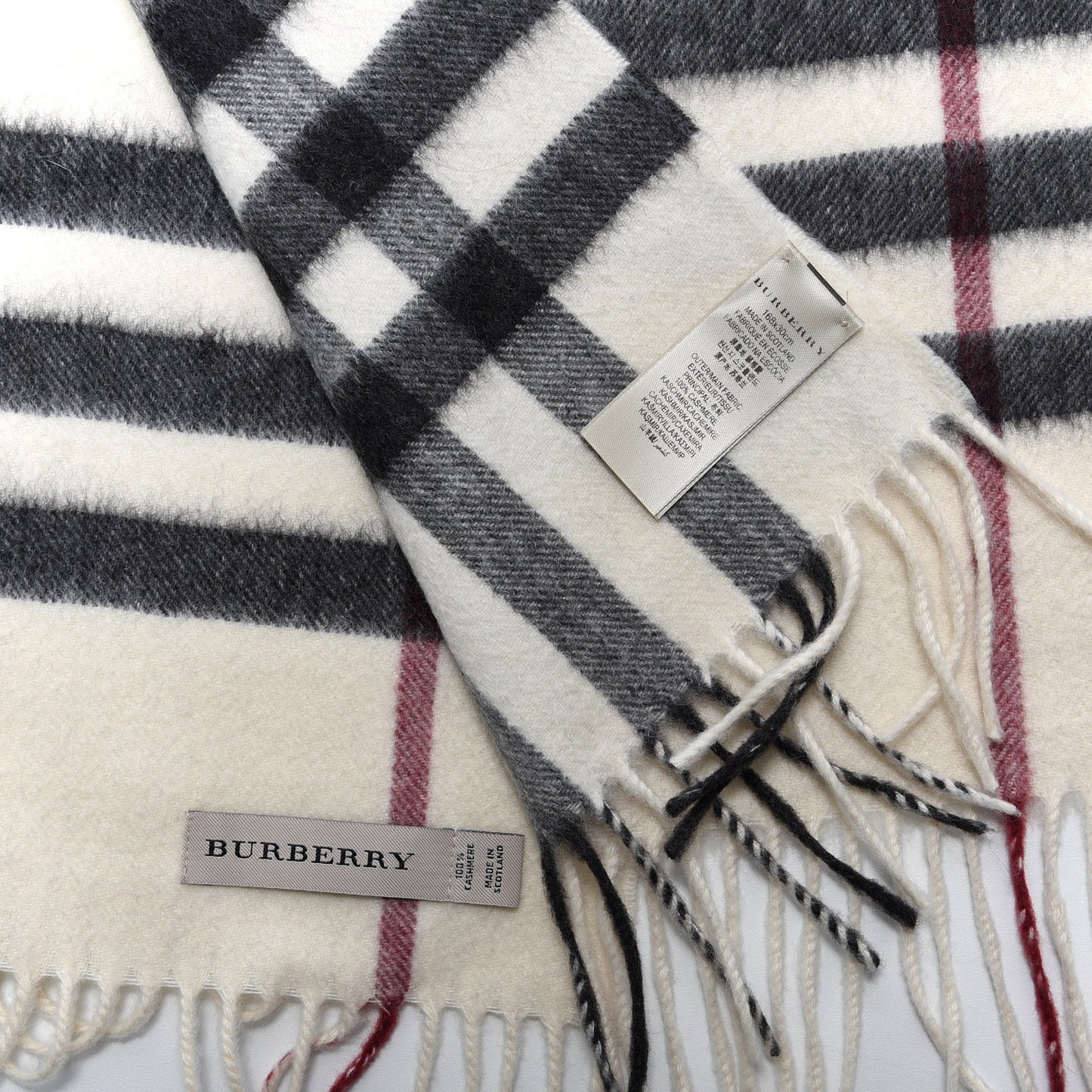 Cashmere Giant Check Fringe Scarf Ivory