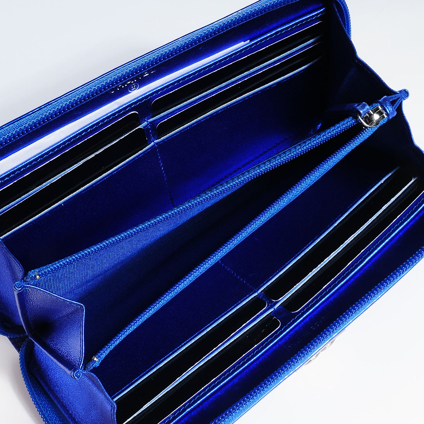 Metallic Patent Quilted Boy L-Gusset Zip Wallet Blue