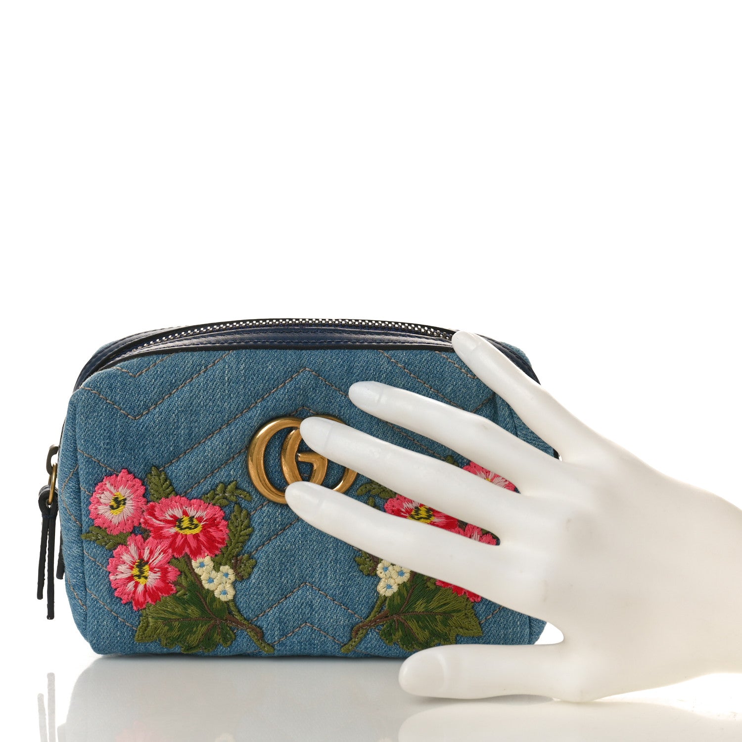 Gucci Denim Matelasse Flower Japan Limited GG Marmont Cosmetic Case Blue 2 of 8