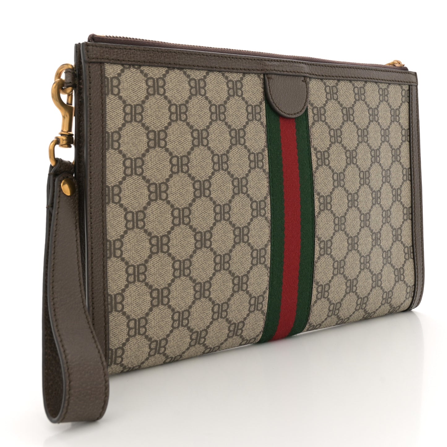X BALENCIAGA BB Supreme Monogram Web Ophidia Wristlet Beige New Acero