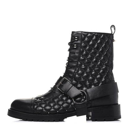 Valentino Garavani Crackled Lambskin Rockstud Spike 20mm Combat Boots 37.5 Black 1 of 15