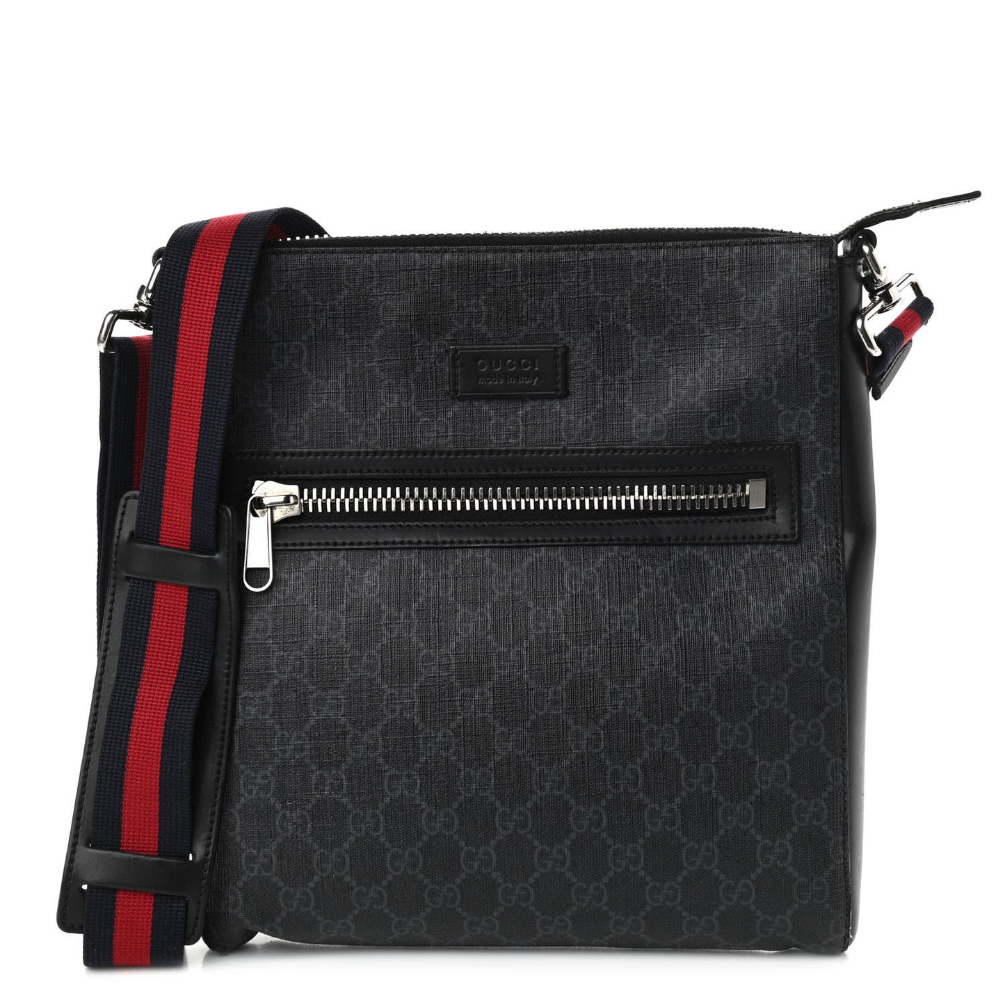 GG Supreme Monogram Appia Calfskin Web Flat Messenger Bag Black Grey