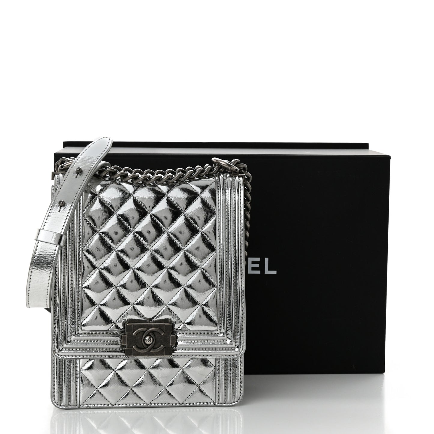Metallic Goatskin Quilted North South Boy Flap Silver