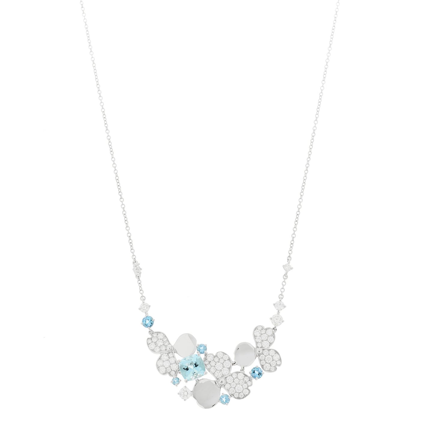 Platinum Diamond Aquamarine Paper Flowers Cluster Pendant Necklace
