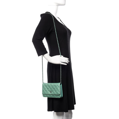 Chanel Patent Quilted Wallet On Chain WOC Green 2 of 10