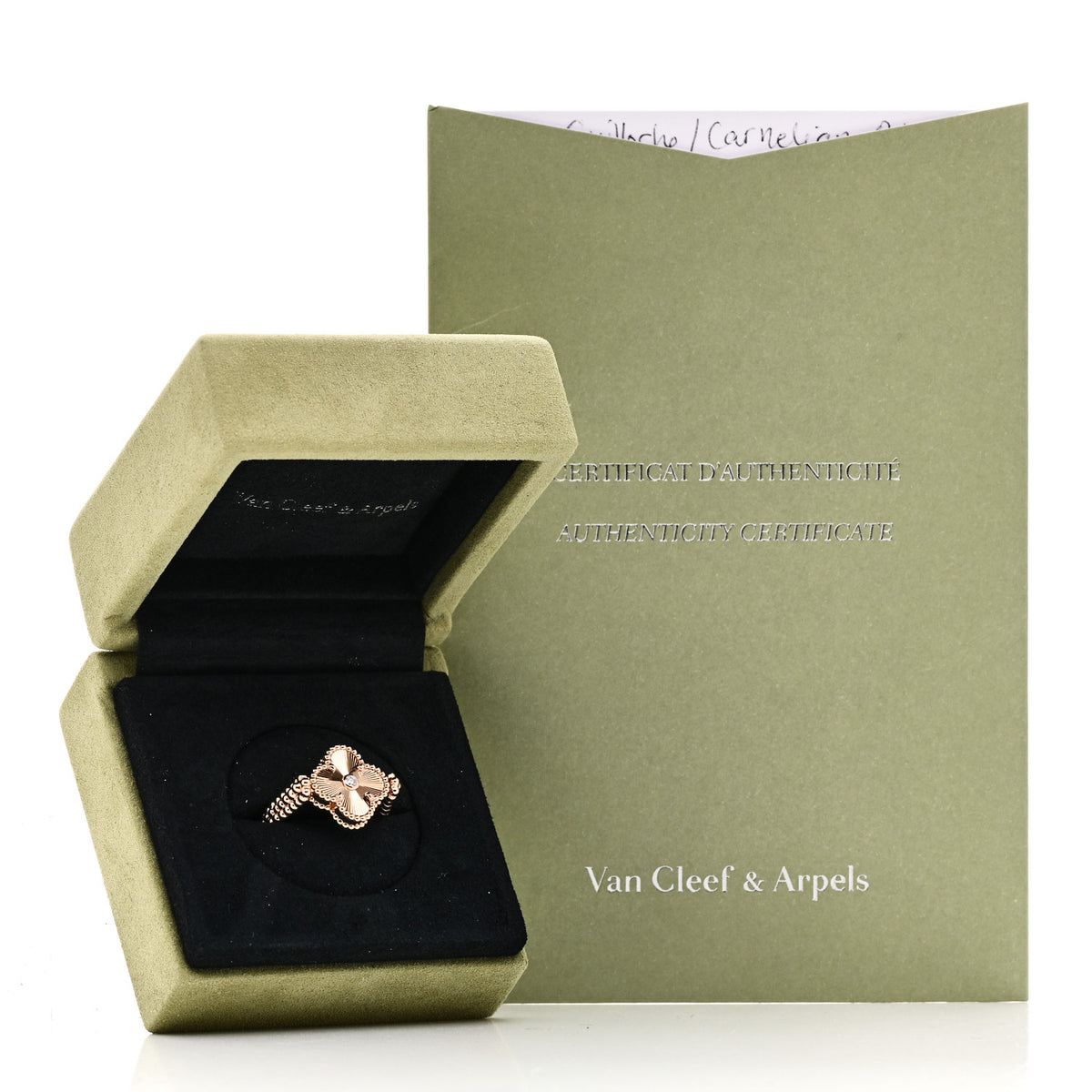 Van Cleef & Arpels 18K Rose Gold Diamond Carnelian Reversible Guilloche Vintage Alhambra Ring 59 8.75 7 of 7